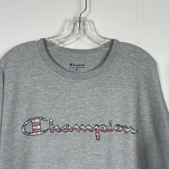 Champion Gray Unisex Short Sleeve Cotton USA Flag Spellout Logo Tee T-Shirt 2XL - Picture 2 of 5